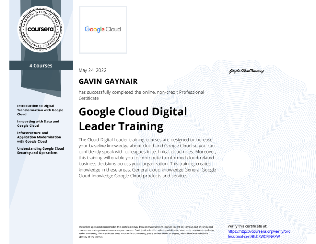 Google Cloud Digital Leader Training Certificate