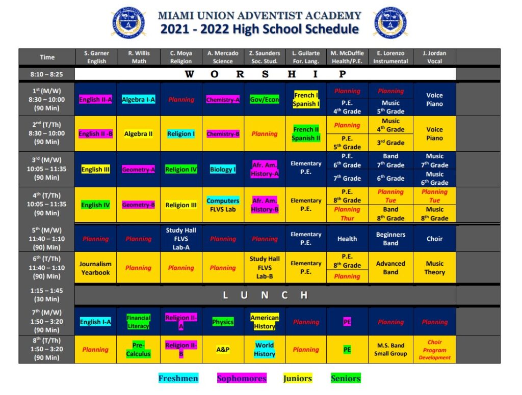 Class Schedule Sample for Miami Union Academy.