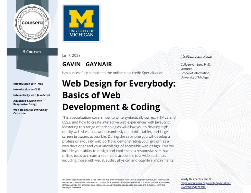 University of Michigan Certificate for Web Design: Development and Coding